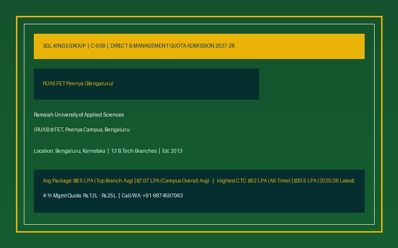 RUAS FET Peenya (Ramaiah University of Applied Sciences (RUAS) – FET, Peenya Campus, Bengaluru) B.Tech Admission 2027-28 Management Quota Fees & Placements